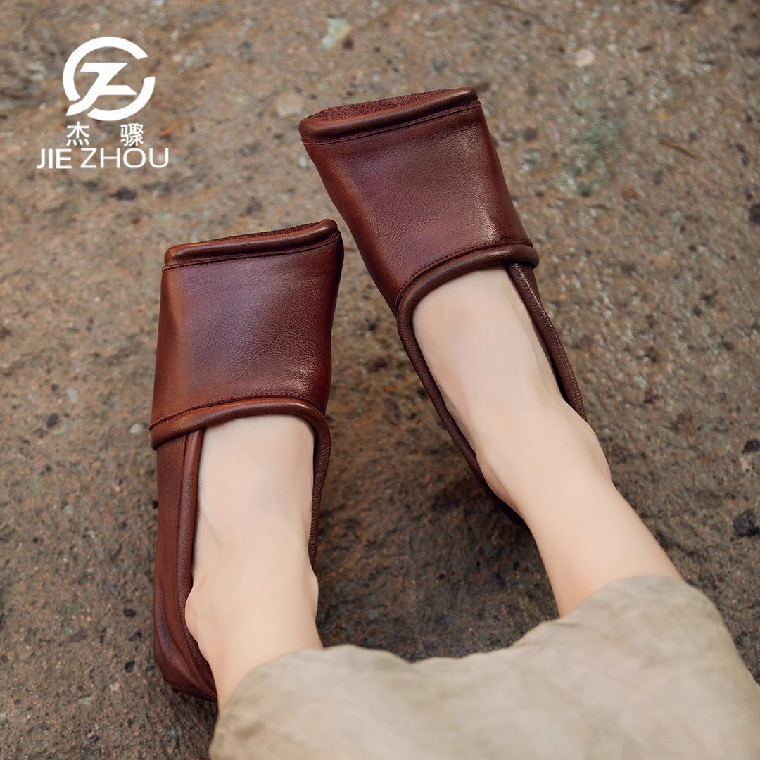 杰骤原创复古牛皮手工女鞋真皮软底一脚蹬懒人鞋小众设计方头单鞋
