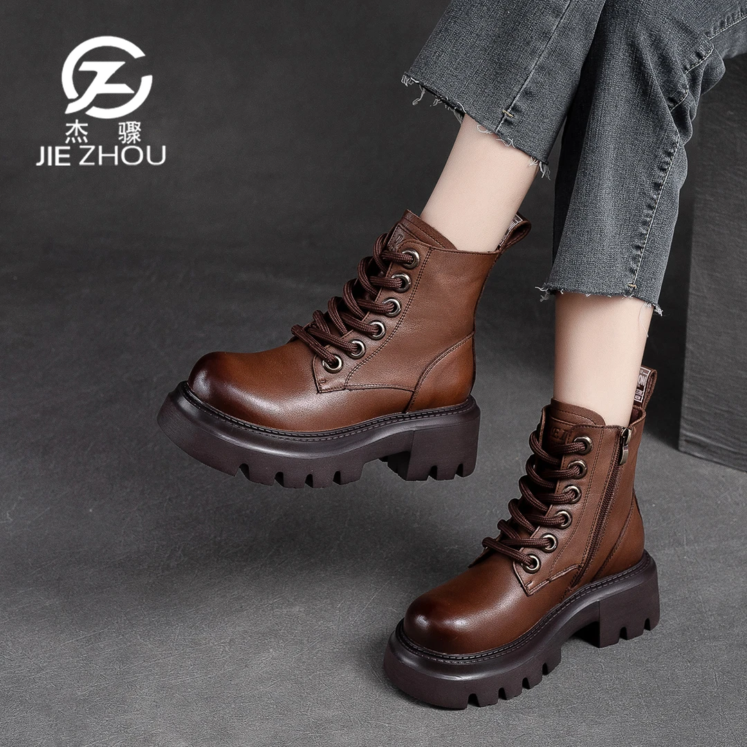 杰骤秋季新款英伦风真皮厚底马丁靴小个子短靴头层牛皮女靴23688