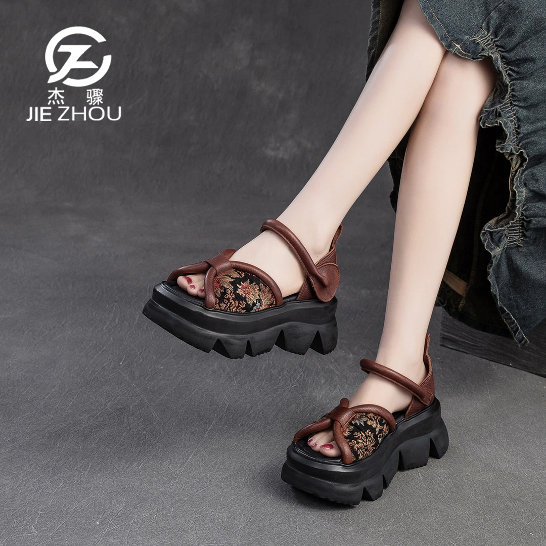 杰骤夏季外穿真皮罗马凉鞋女民族风鱼嘴一字带厚底增高松糕女鞋