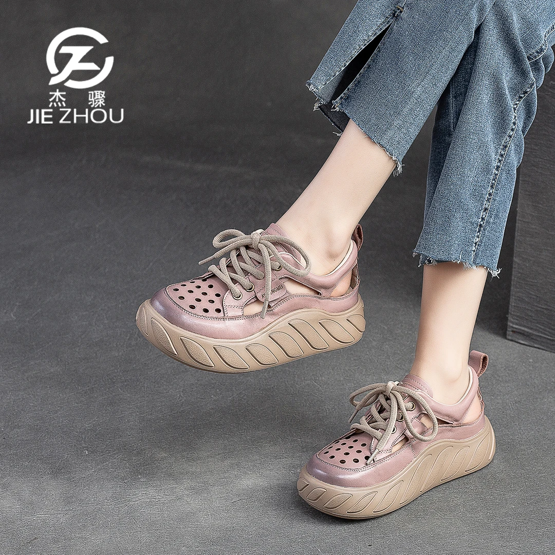 杰骤夏季复古厚底真皮洞洞凉鞋女透气网面运动休闲鞋牛皮镂空女鞋