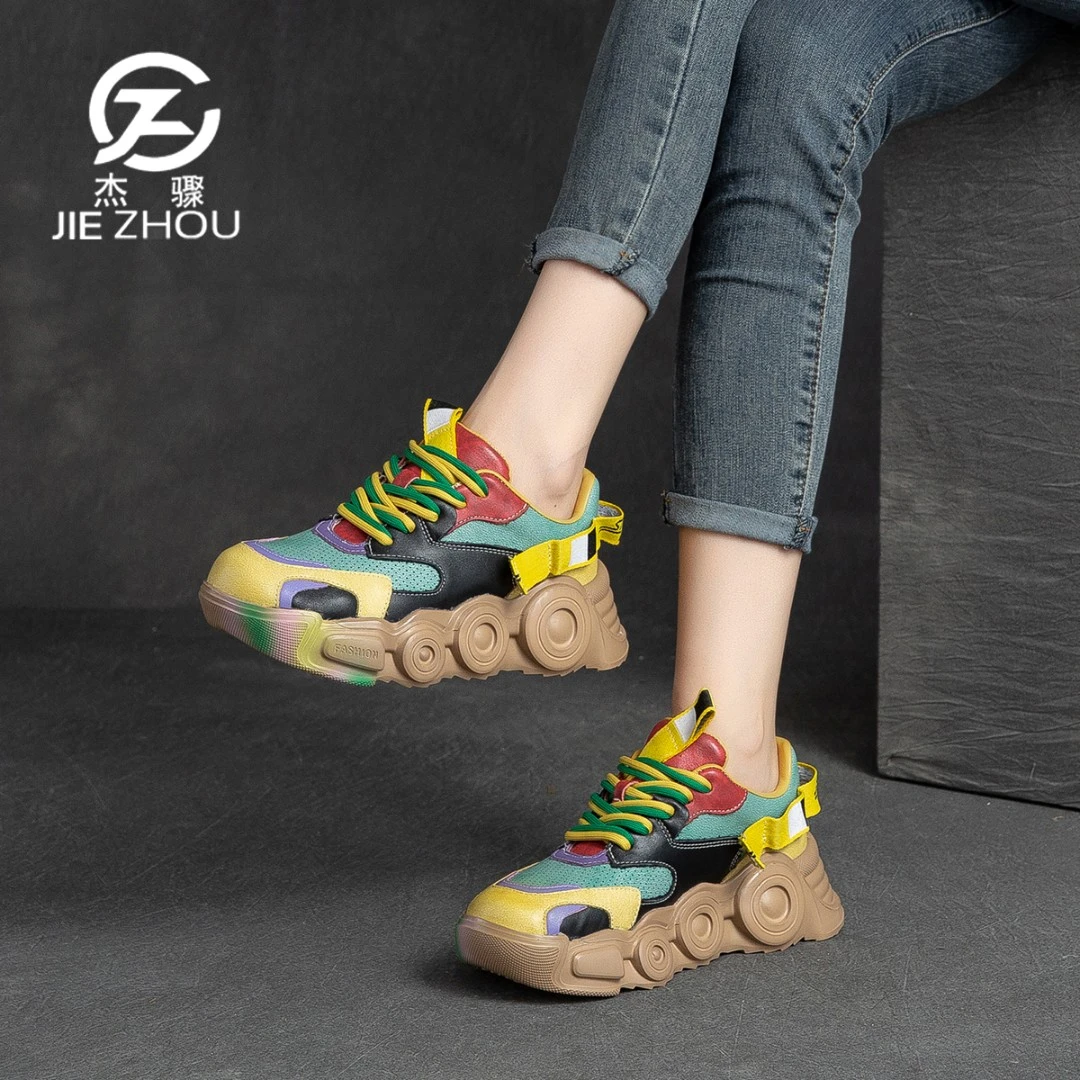 杰骤秋季复古老爹鞋女潮ins真皮欧洲站彩色复古厚底休闲女鞋78682