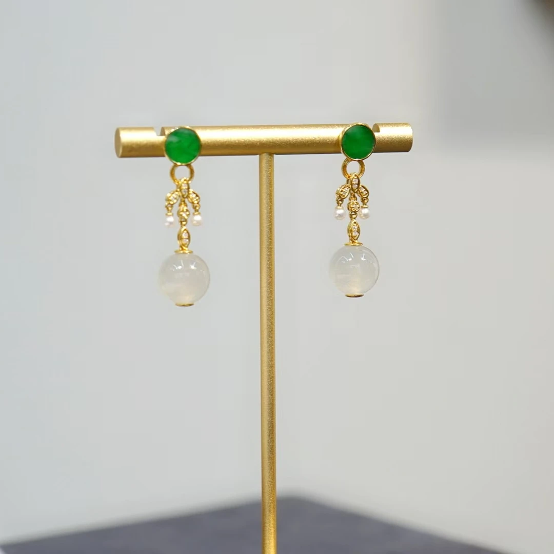 【圆圆满满】18K金镶嵌翡翠圆珠耳坠翡翠耳钉气质时尚百搭复古古法