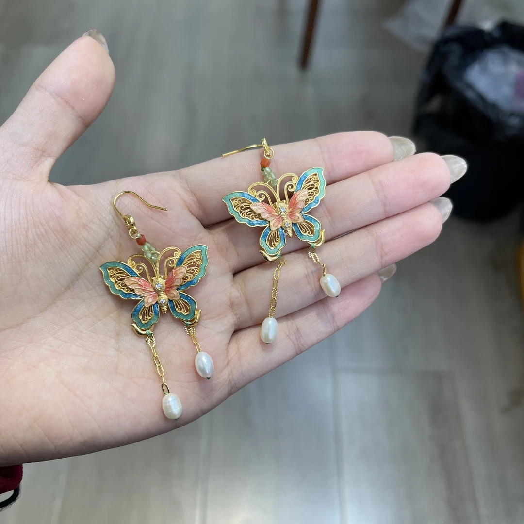 925银珐琅耳饰 925银款珐琅蝴蝶耳坠