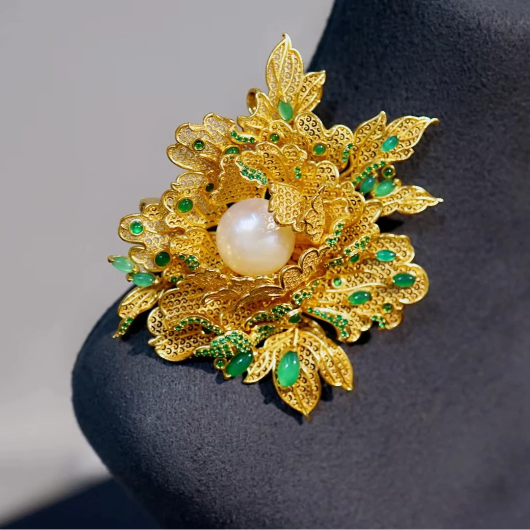 吊坠925银 【牡丹花开】S925银满花丝纯手工牡丹花胸吊两用气质时尚