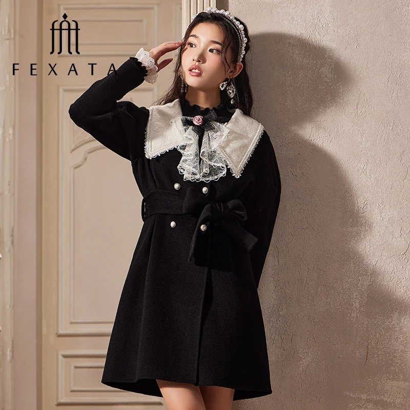 【蜜思仝】FEXATA斐格思毛呢外套法式蕾丝翻领双面呢大衣