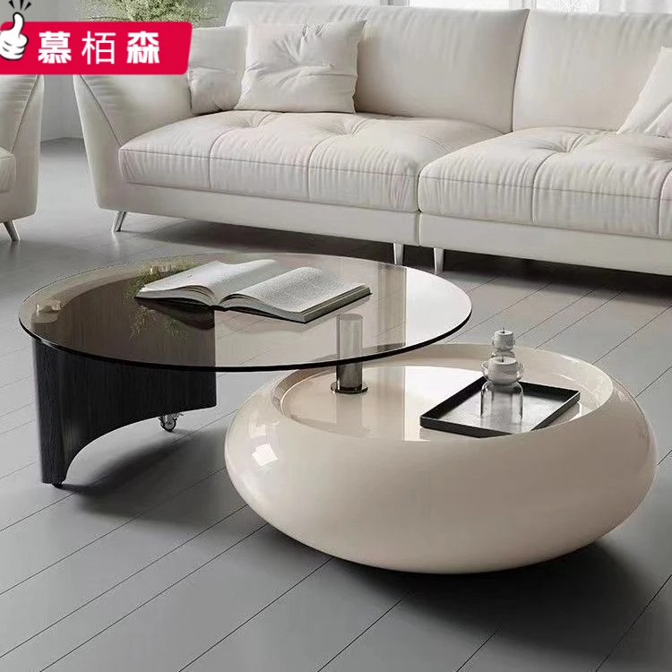 旋转奶油风茶几小户型客厅设计师轻奢高级感圆形钢化玻璃茶几组合