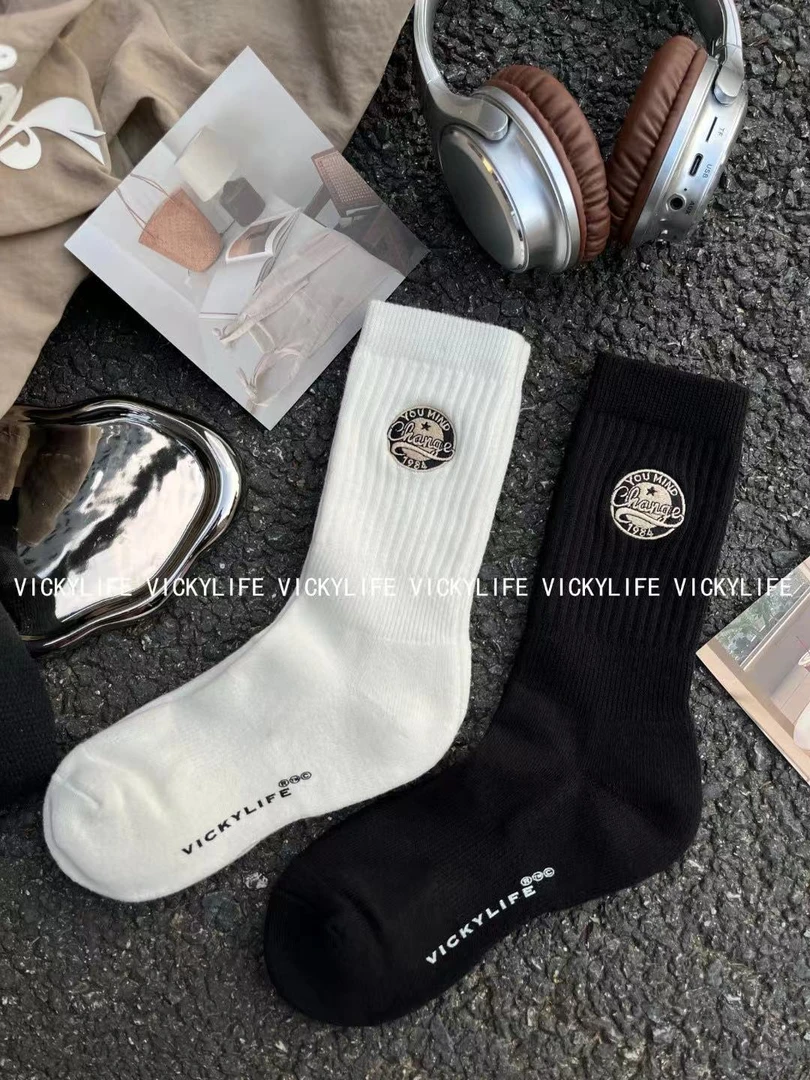 秋冬美式复古纯色标签刺绣毛圈ins百搭潮流运动毛巾袜
