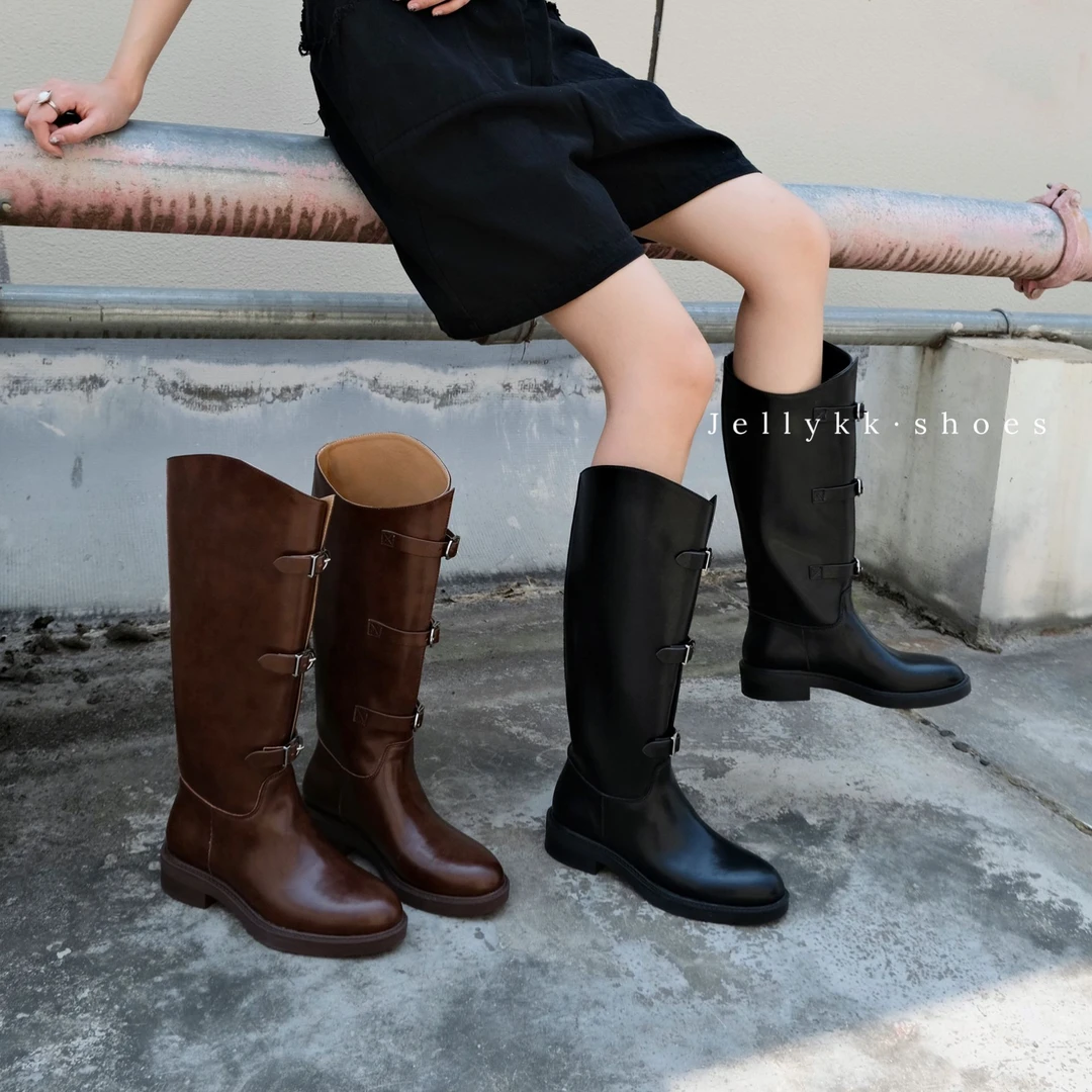 【Jellykk】4cm设计师款复古骑士风百搭真皮博主风粗跟尖圆头时装靴