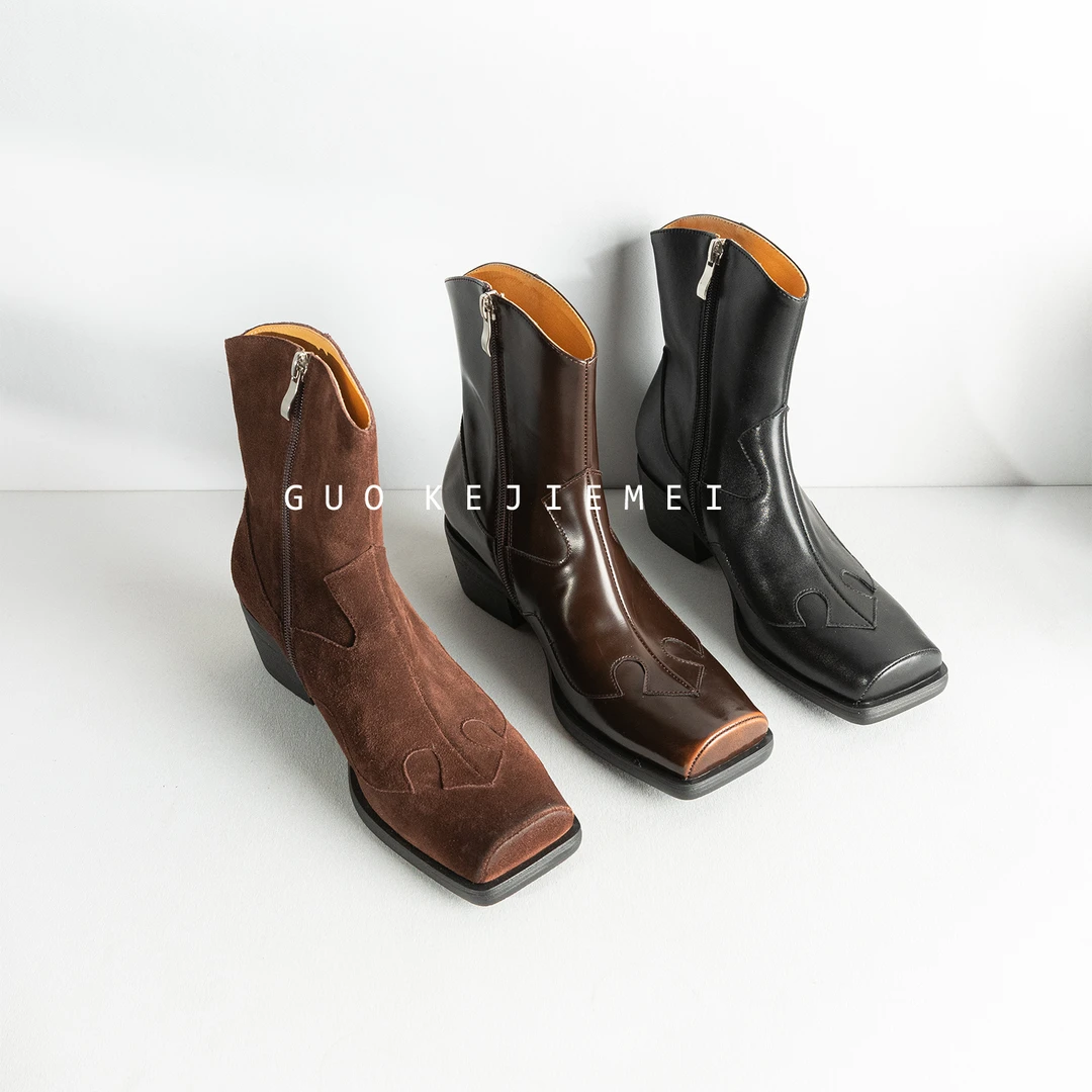 【果壳姐妹】5cm/设计师款/欧美/V口/骑士/复古/百搭/时装靴X2094