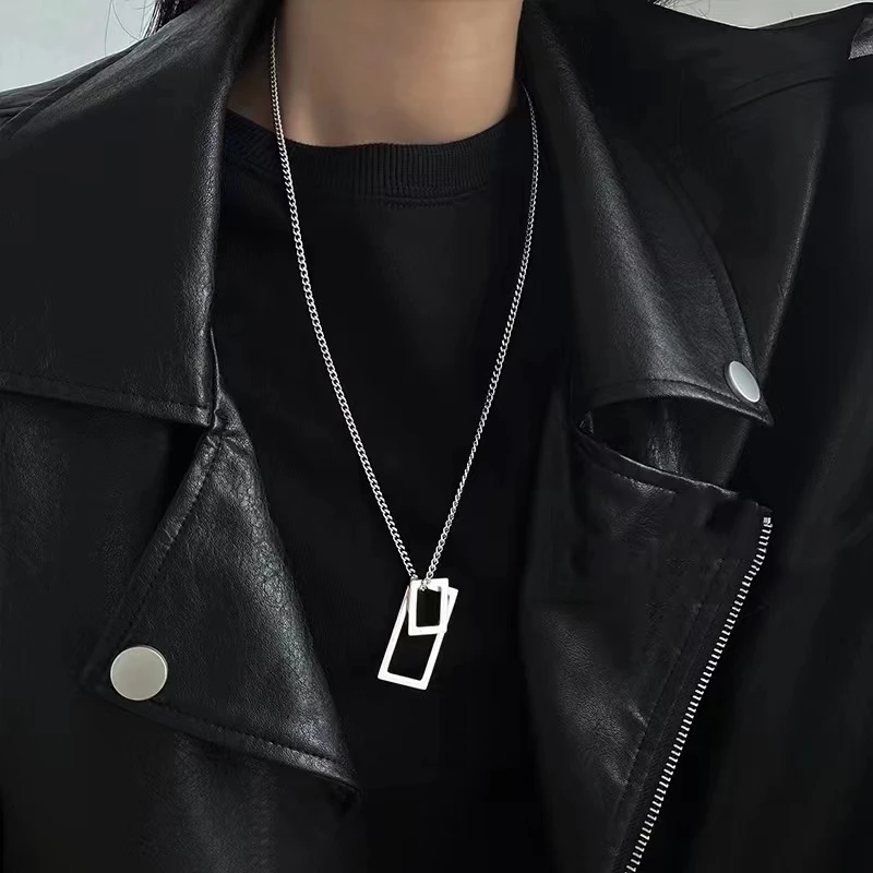 钛钢项链 潮流饰品ins男女情侣超酷钛钢网红几何方框镂空项链简约