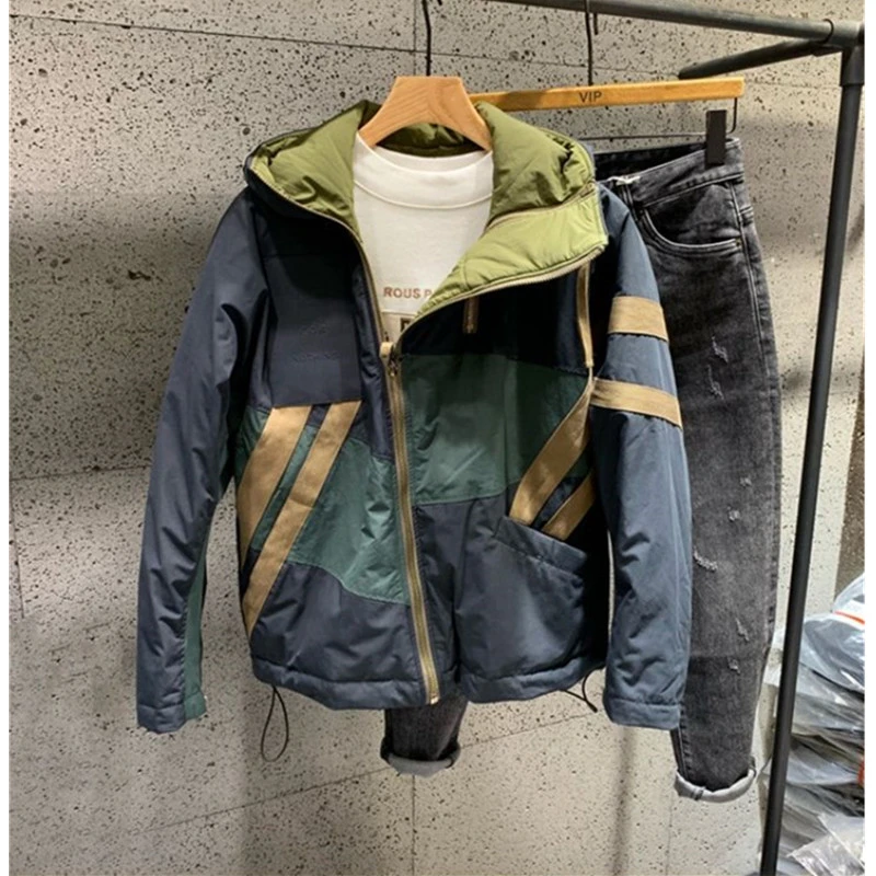 冬季2023拼接撞色男士连帽棉服复古斜拉链加厚抗寒时尚棉衣面包服