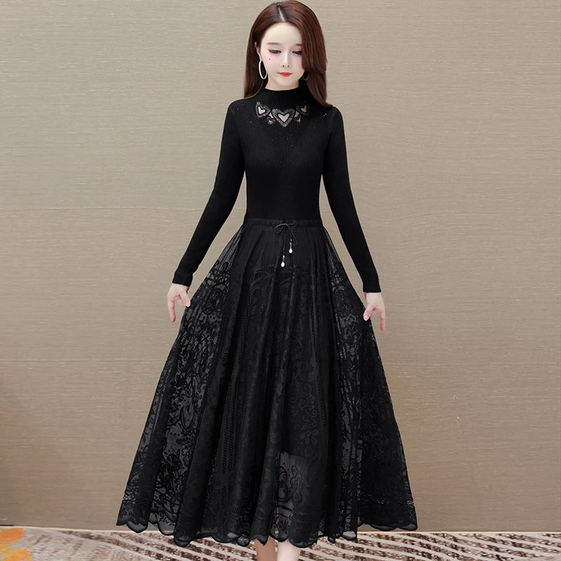 爆款长款毛衣裙秋冬针织裙假两件连衣裙秋冬新款蕾丝拼接气质裙子