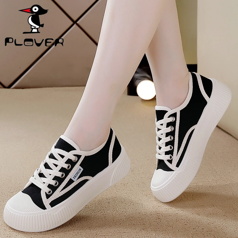 PLOVER品牌断码特价休闲帆布鞋女2023春秋简约学生3CM厚底饼干鞋