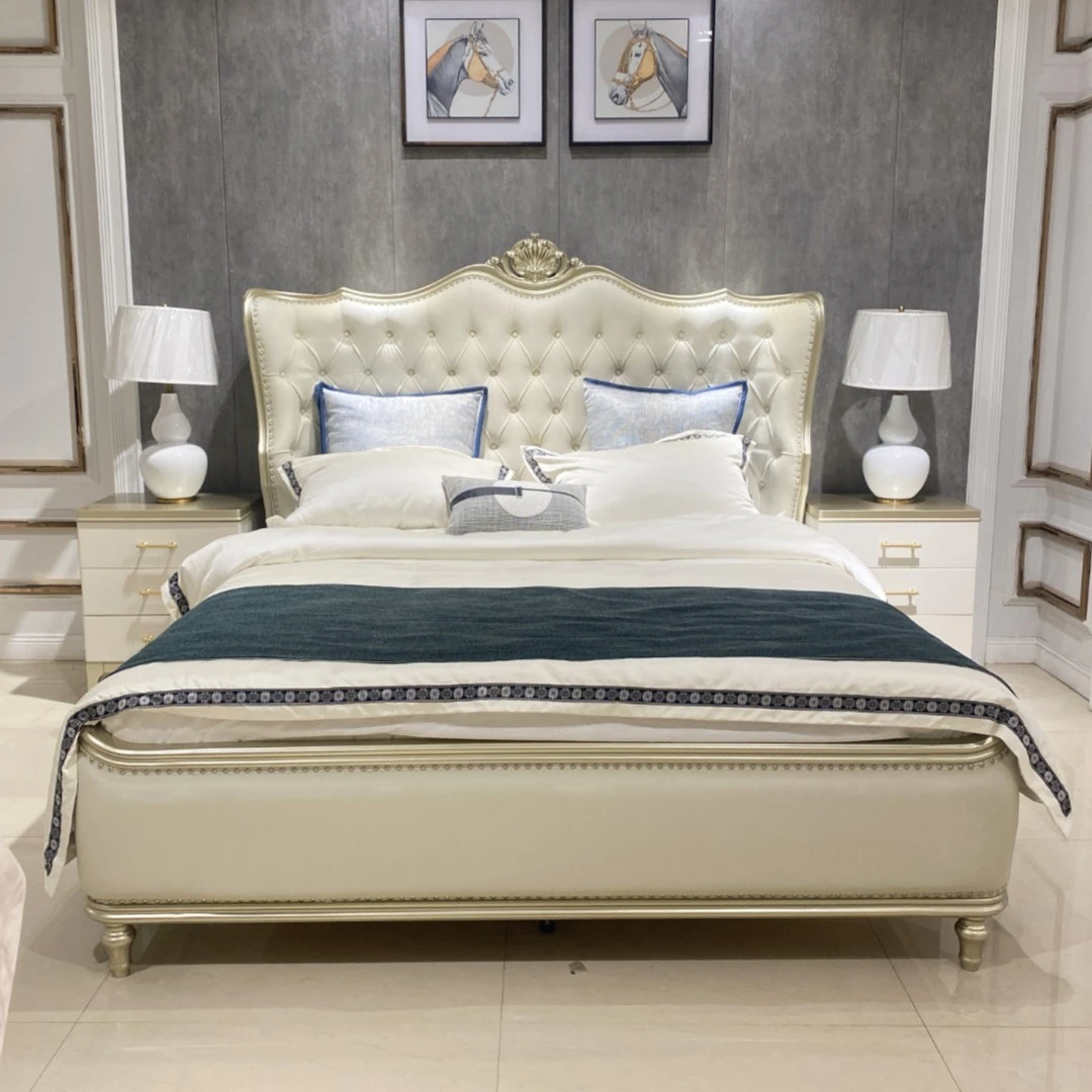 VC美式轻奢家具实木榉木真皮纳帕雕花大床主卧婚床主卧室床双