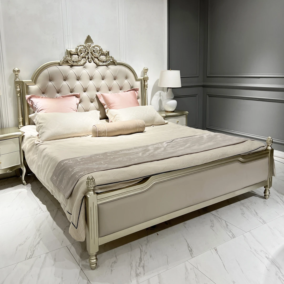 FS美式轻奢家具实木真皮主卧婚床四叶草双人榉木头层牛皮大床