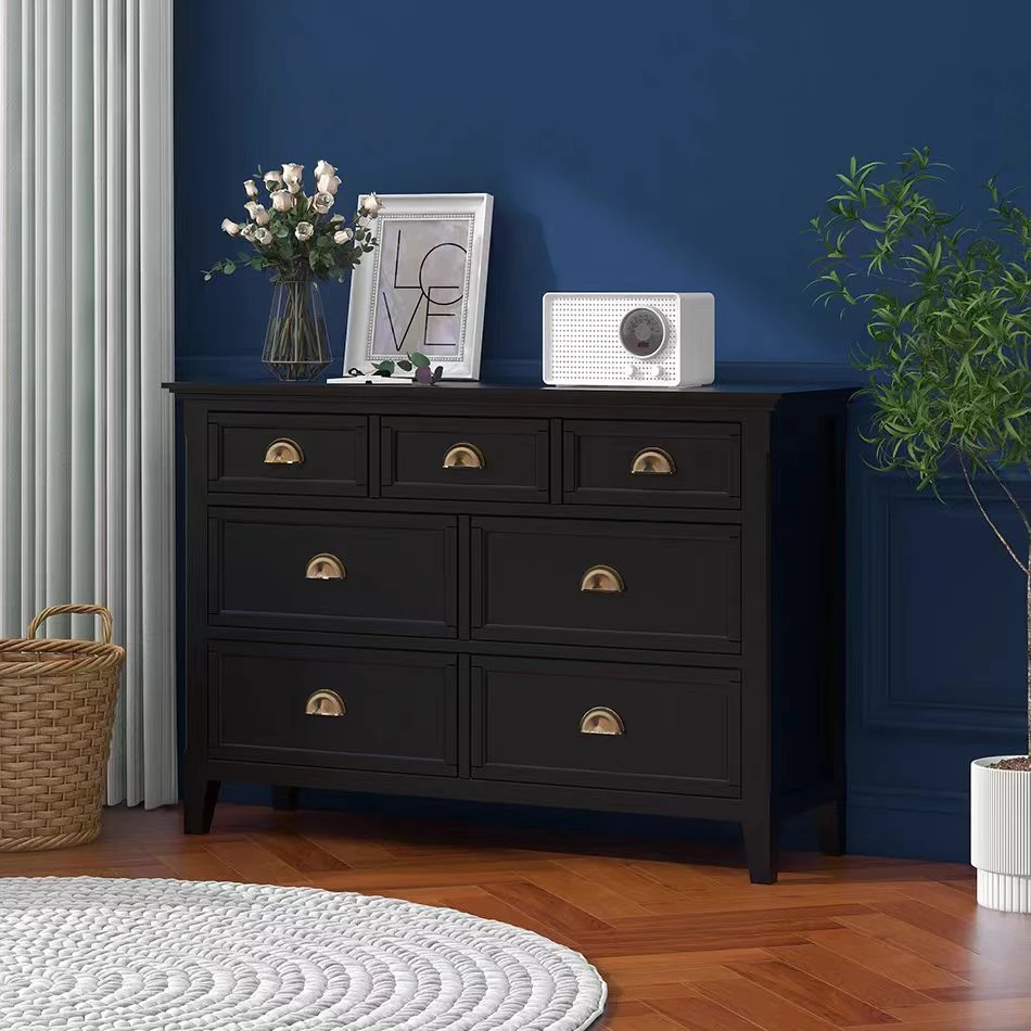 法式复古风实木斗柜客厅卧室六斗储物餐边柜黑色床尾收纳置物柜子