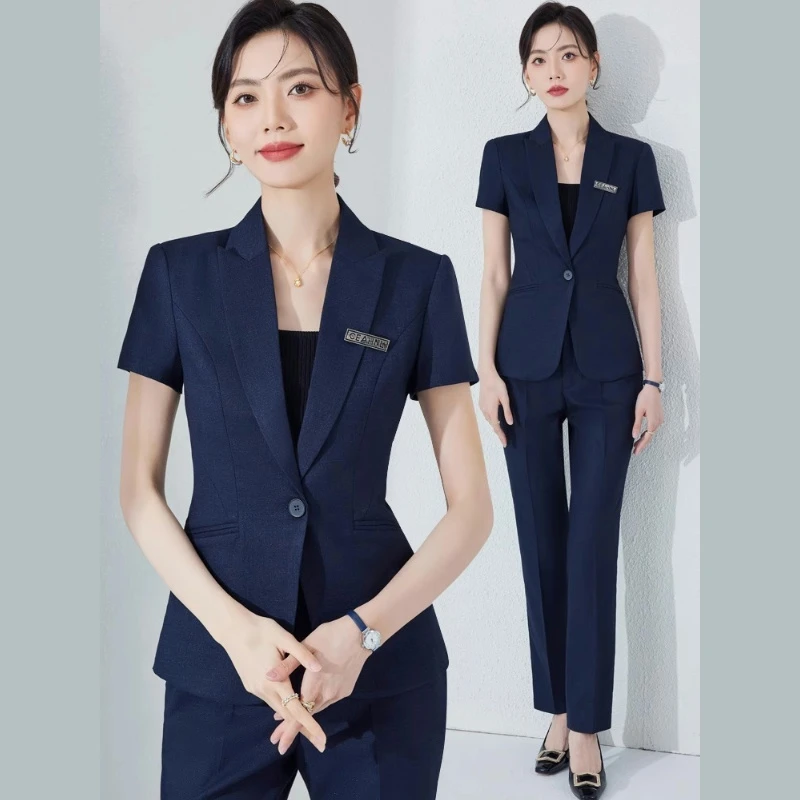 高端短袖西装套装女夏季薄款职业装餐饮酒店经理工装珠宝店工作服