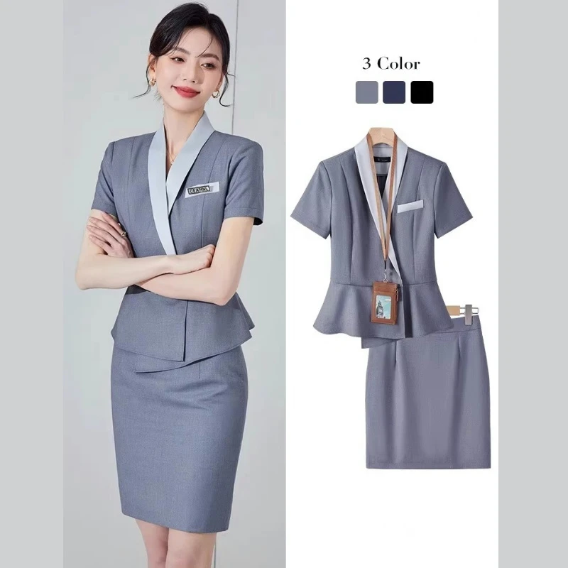 高端职业西装套装女夏天薄款短袖酒店前台接待工作装美容师工作服