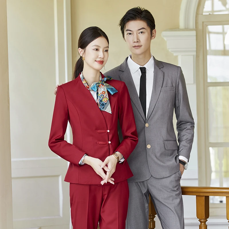 新中式盘扣西装套装男女酒店前台迎宾接待工作服高铁乘务员制服新