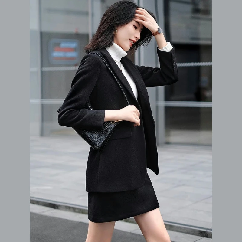 黑色毛呢小西装外套套装女高级感新款秋冬小个子西服冬季加厚夹棉