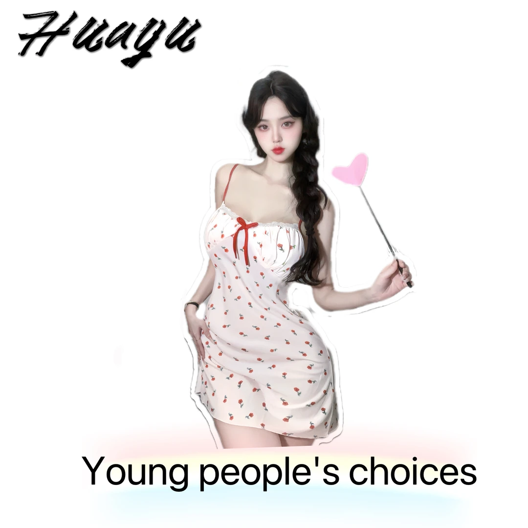 甜心【80-160斤】2024秋季新款可拆卸胸垫柔软丝滑显瘦甜美印花睡裙