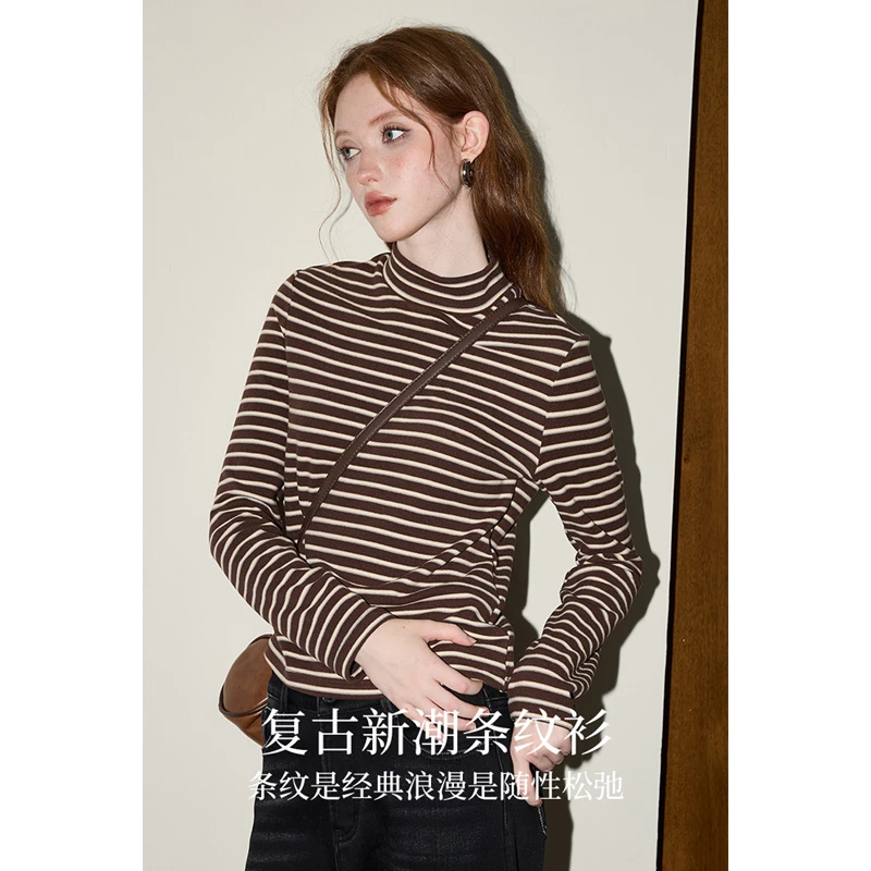 库恩玛维半高领条纹T恤女2024年秋冬新款洋气宽松内搭套头打底衫