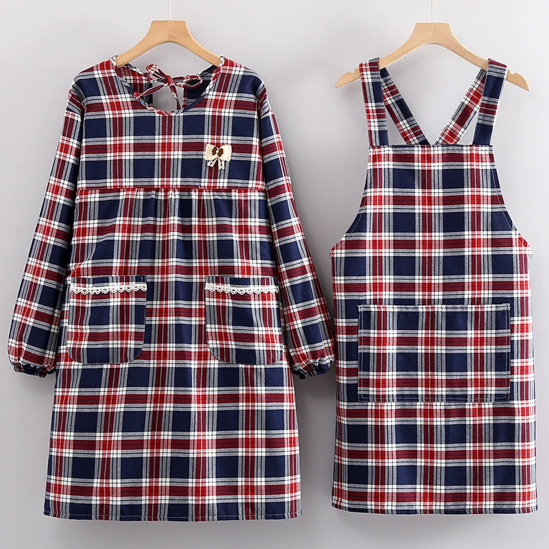 厨房餐饮专用经典时尚格子款女士漂亮围裙甜美长袖防污罩衣工作服