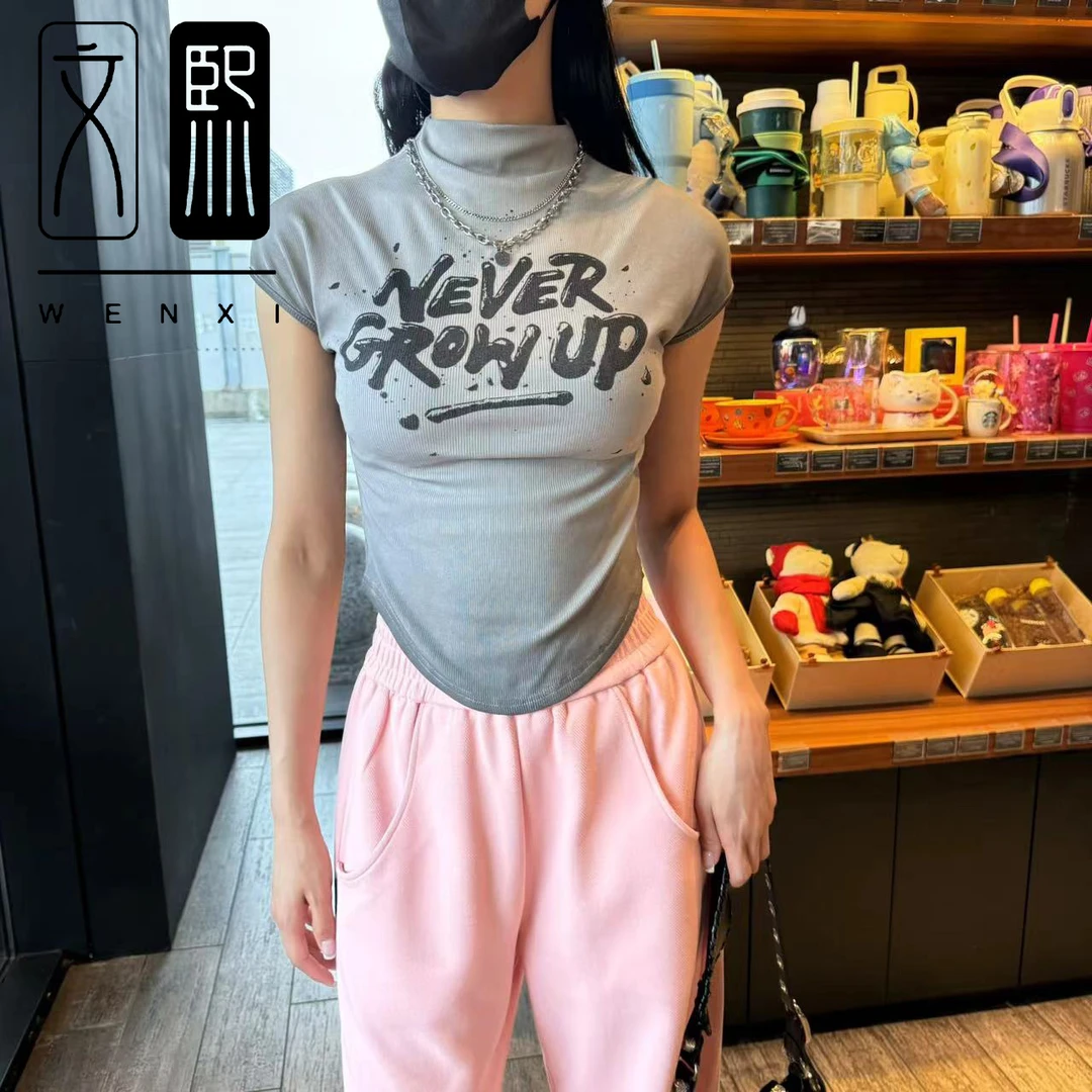 新款百搭小众设计感打底衫背心显瘦辣妹时尚休闲修身印花T恤女