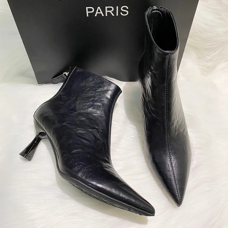 2024秋冬新款尖头高跟马丁靴女后拉链真皮显瘦粗跟短靴中筒瘦瘦靴