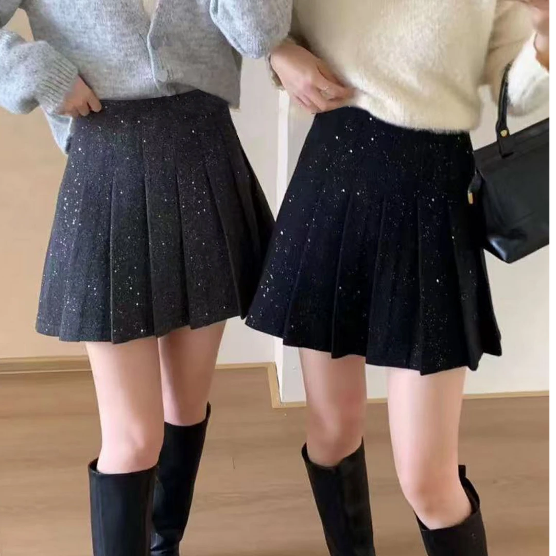 黑色香风毛呢高腰2024百褶裙秋冬新款短裙百褶显瘦亮闪闪半身裙