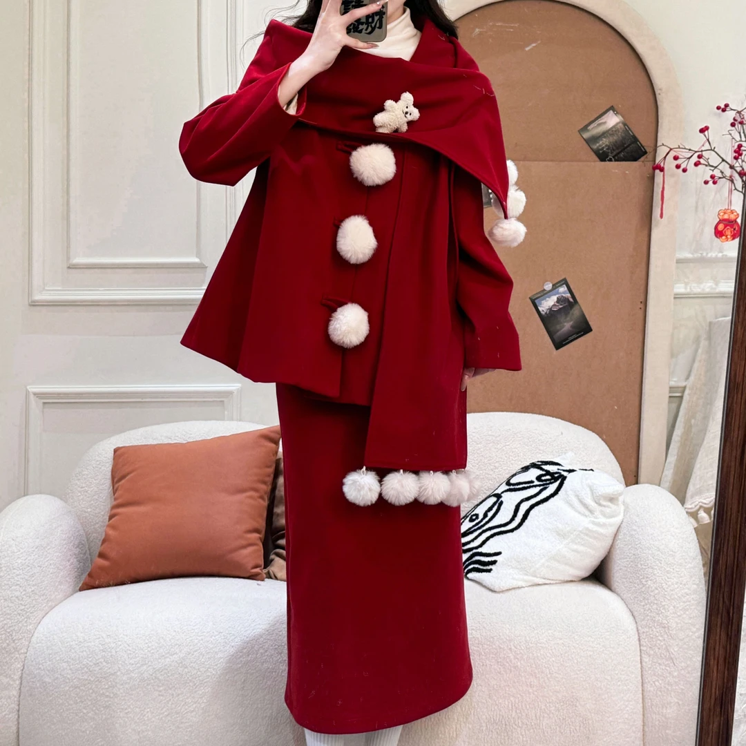 球球芝士 织物猪原创 红色氛围长裙短裙显瘦拜跨新年制服