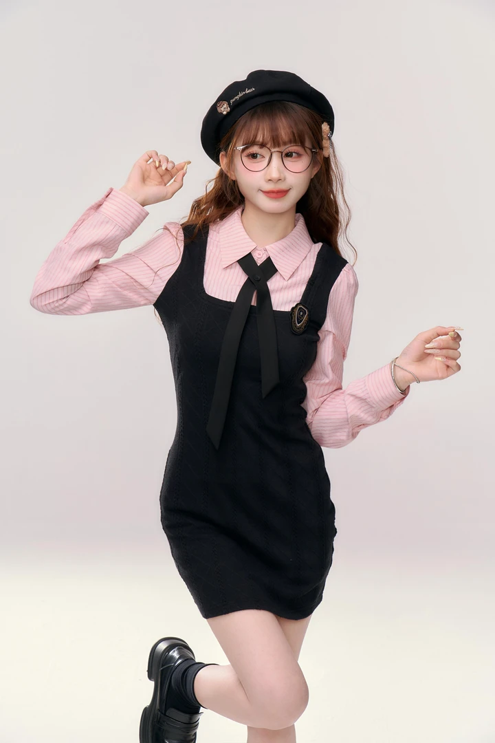 赫拉学姐长袖 织物猪原创 长短款假两件甜辣学院风收腰显瘦连衣裙