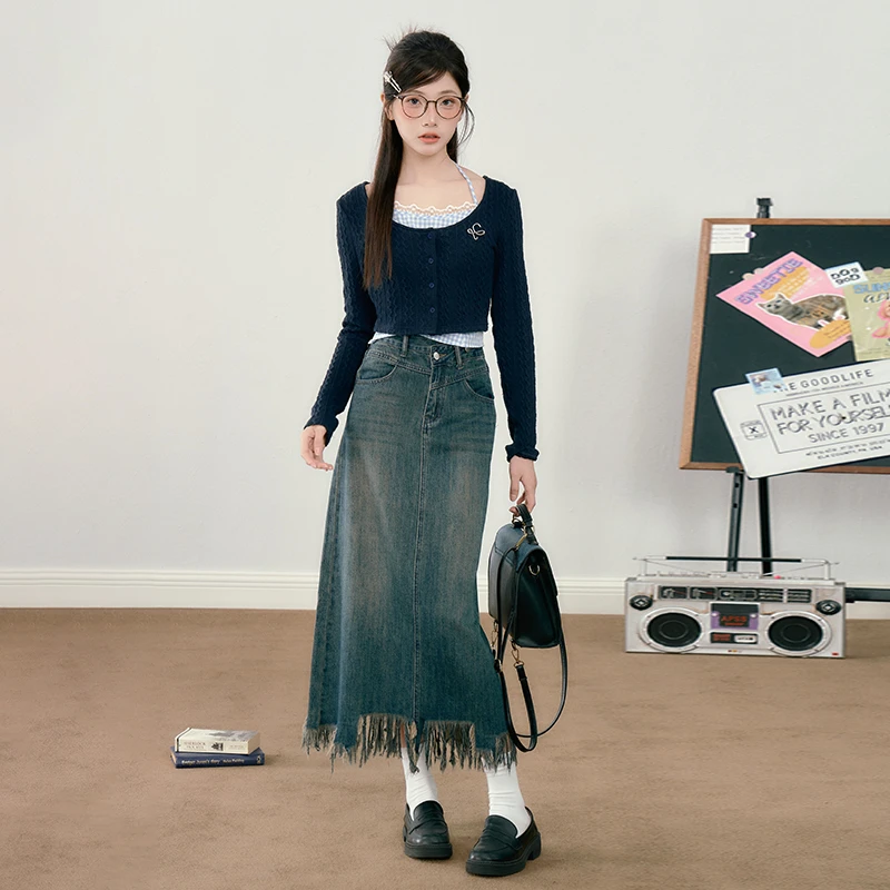 心动甜心绀色 织物猪原创 美式复古学院风假两件开衫防晒牛仔长裙