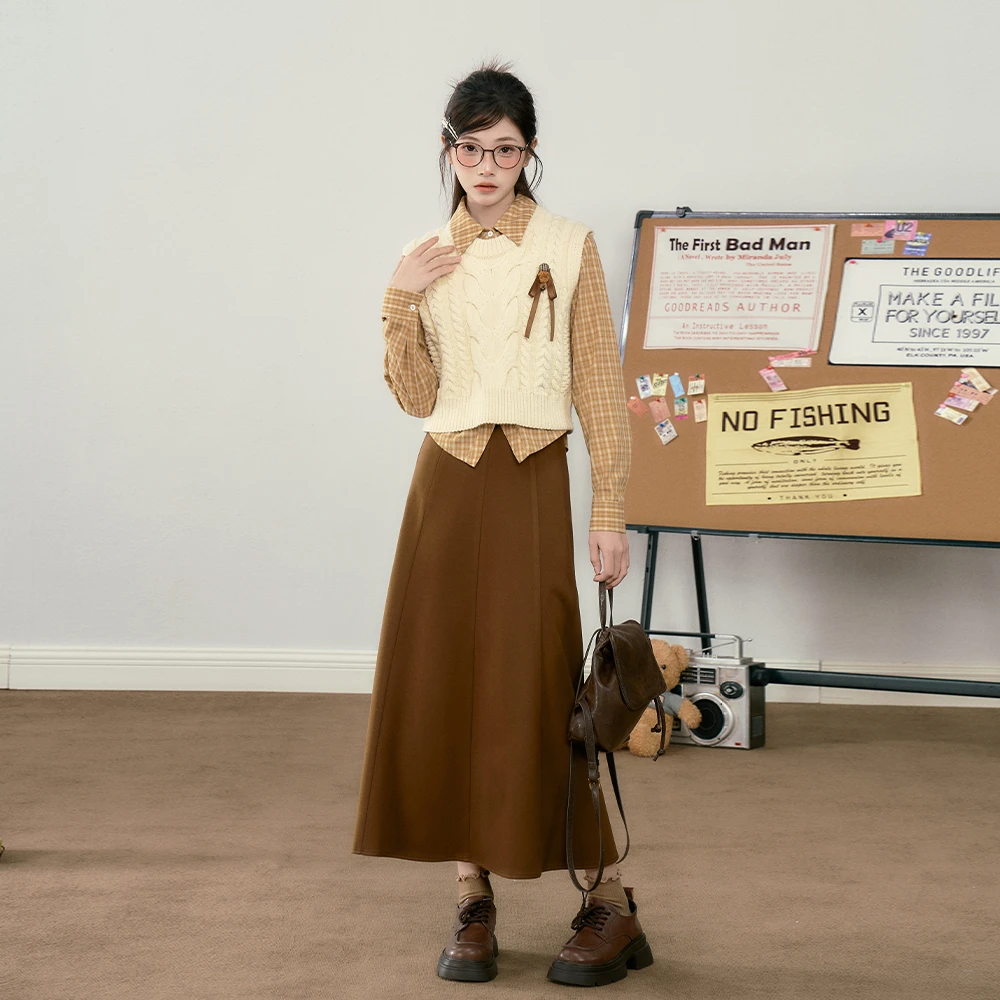橘香糖心单拍 织物猪原创 韩系学院风叠穿软糯毛衣温柔气质长裙