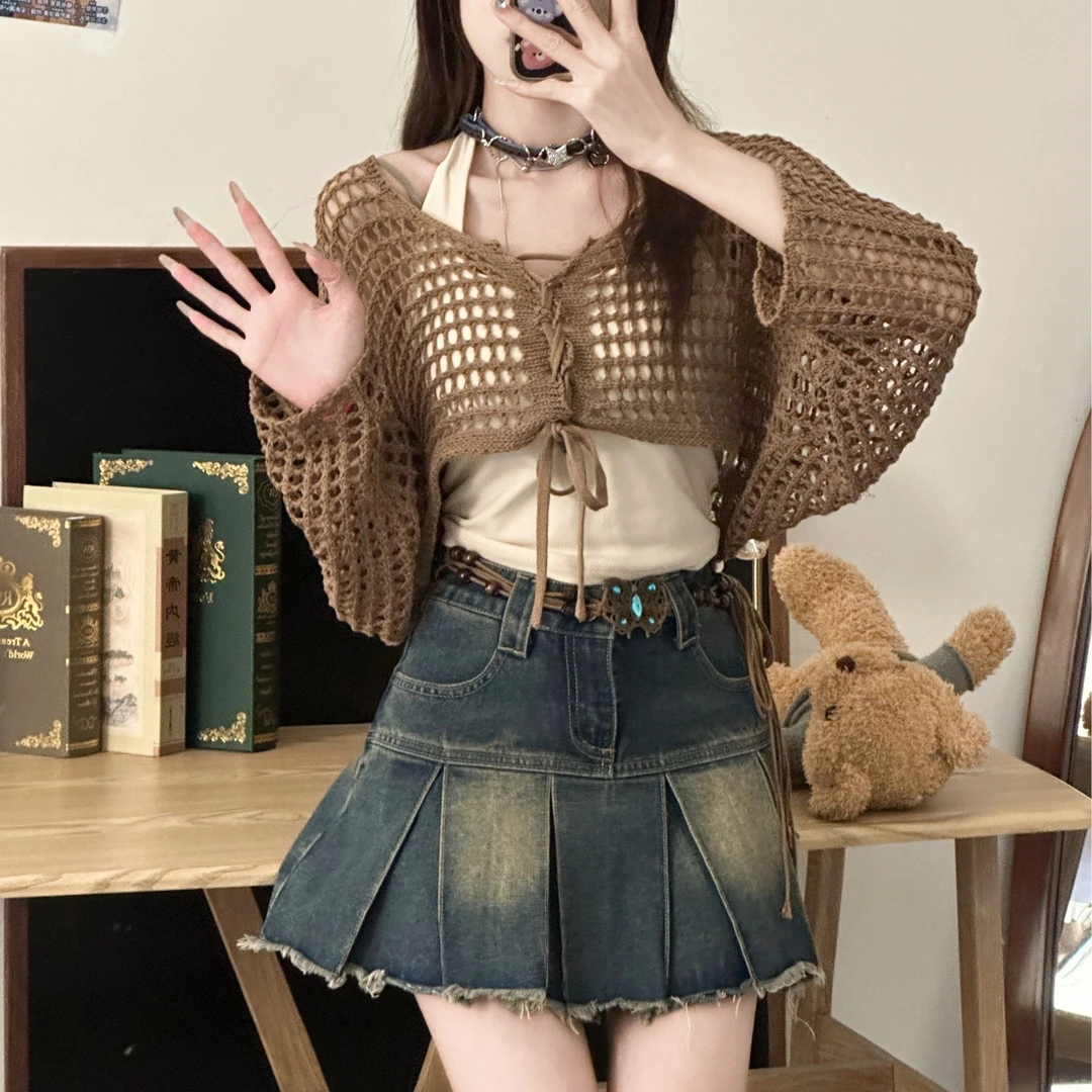 蝴蝶梦境 织物猪原创 纯欲牛仔裙罩衫挂脖背心复古制服宽松A字裙