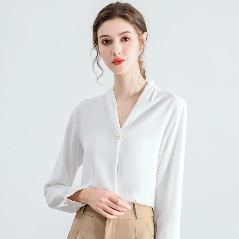 白色衬衫女长袖2025春秋季新款V领职业工作服设计感正装雪纺上衣