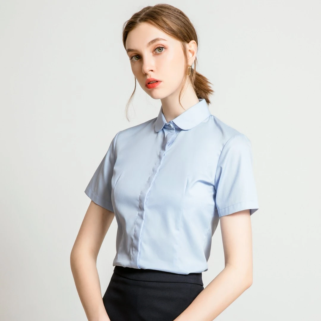 娃娃领蓝色女士衬衫短袖职业2025年夏季新款正装工作服圆领衬衣棉