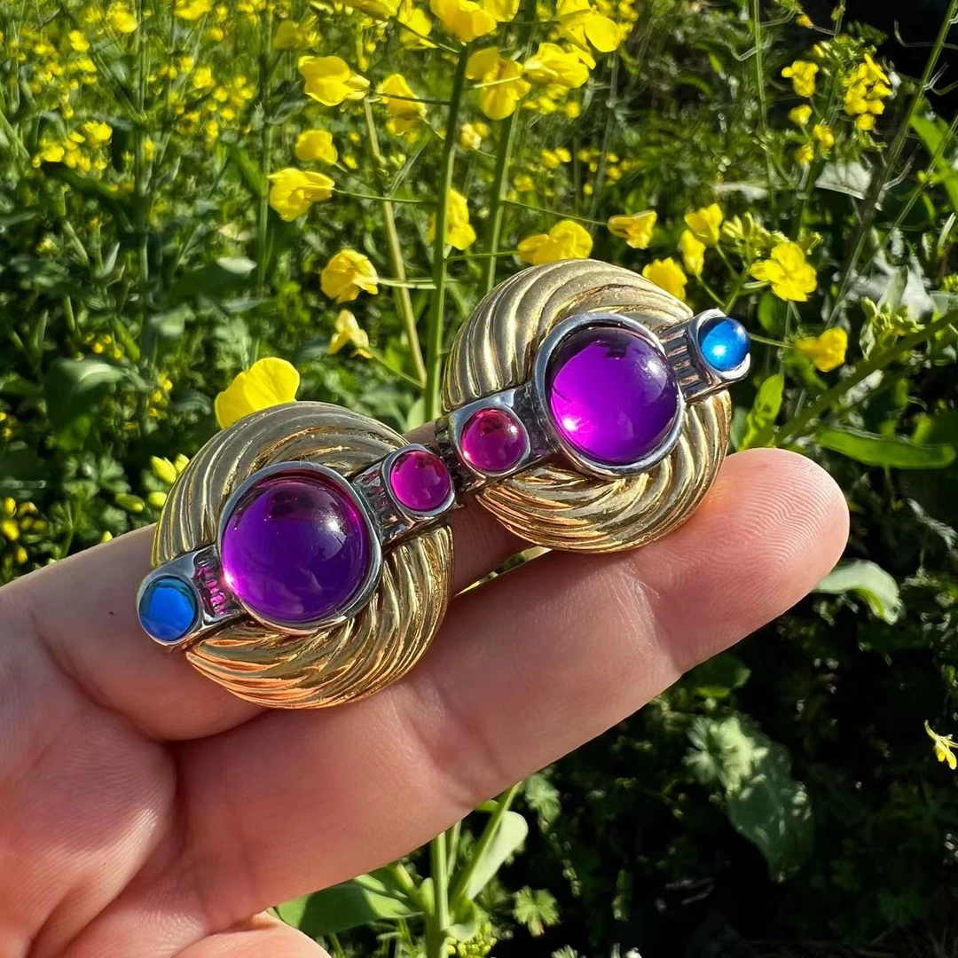 铜合金玻璃耳饰 中古回流vintage重工紫色琉璃耳夹复古彩色气质