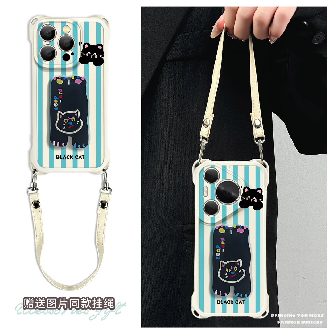 适用于苹果16华为OPPO小米VIVO高级感潮流四角挂绳手机壳YA0079