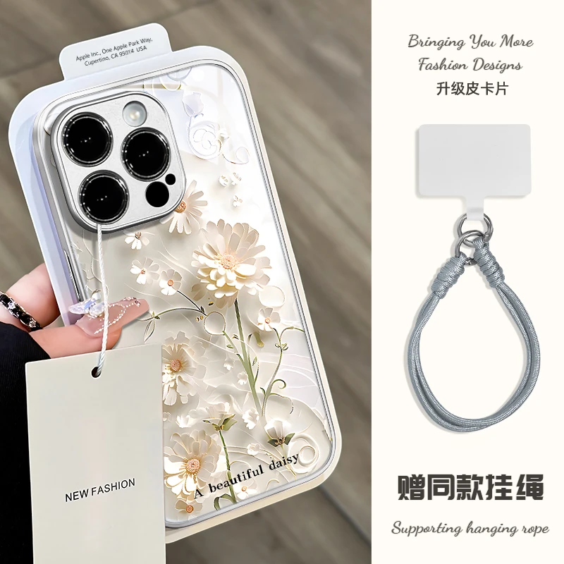 适用于苹果16华为OPPO小米VIVO高颜值精致花朵金属漆玻璃壳JA0073