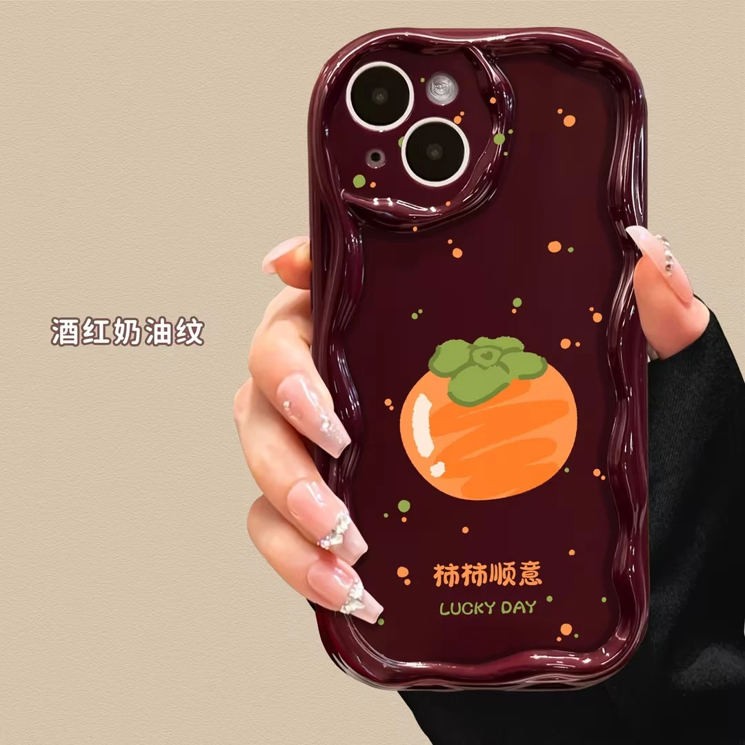 适用于苹果华为OPPO小米VIVO高级感防摔柿子LJ奶油纹手机壳1M031
