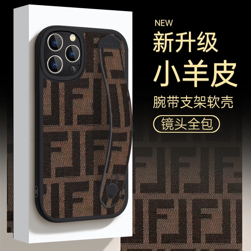 适用于苹果16华为OPPO小米VIVO简约防摔腕带格纹手机壳皮纹ypM940