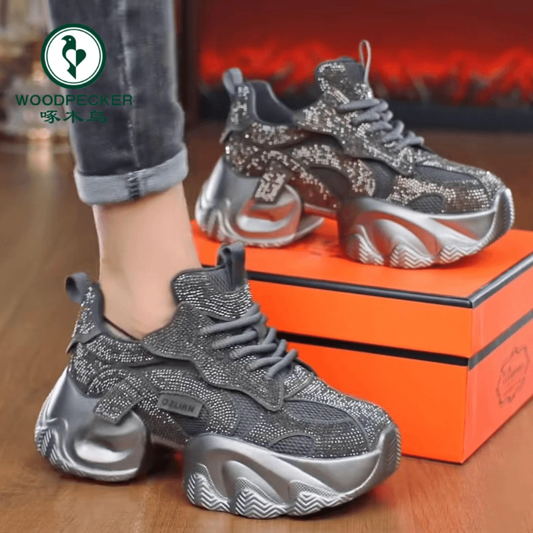 啄木鸟潮鞋厚底增高6cm水钻老爹鞋女2024秋季新款百搭透气休闲鞋