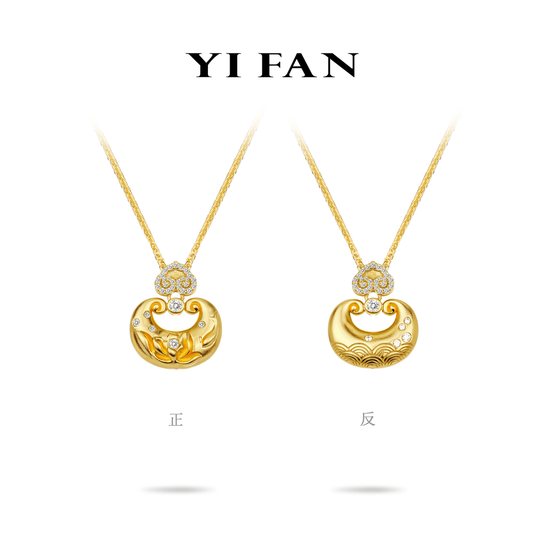 坠链均925银合成锆石 20072-金色雕纹美如意豪镶百搭项链