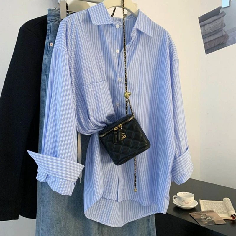 复古慵懒风蓝色条纹衬衫女春秋设计感小众宽松中长款叠穿衬衣外套