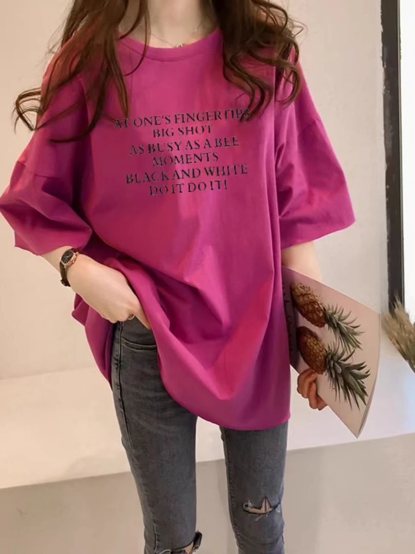 欧洲女中长款遮屁股2025年宽松韩版半袖体恤爆款潮款T恤纯棉短款