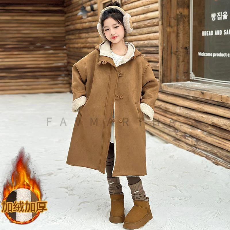 女童外套秋冬款2024新款洋气中大童儿童冬季皮毛一体加厚毛呢大衣