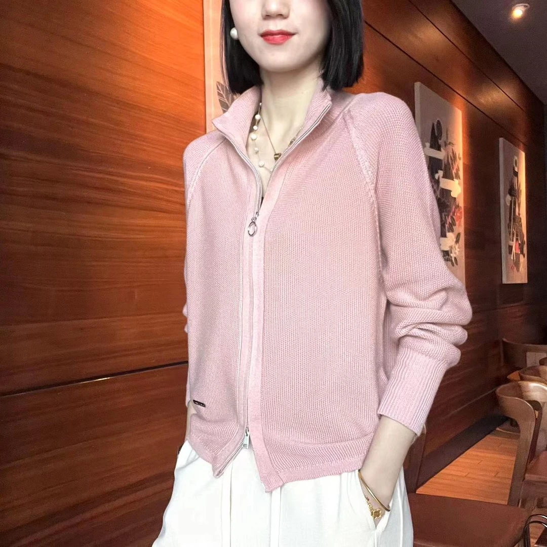 濮院毛衫短款外套女秋款外穿纯色双向拉链上衣开衫外套女士运动风
