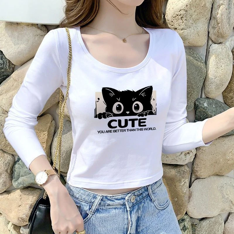 纯棉u领印花短款长袖显瘦腰露修身春秋洋气上衣2024秋季新款打底