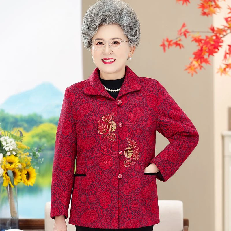 中老年秋冬唐装绣花外套妈妈装加绒保暖冬天老年人上衣奶奶衣服